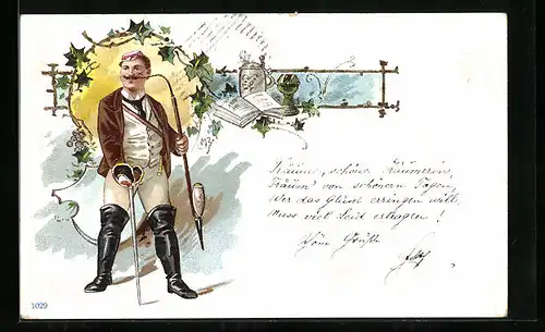 Lithographie Student in vollem Ornat mit Degen und langer Pfeife, Wein-Stilleben mit Buch