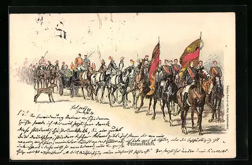 Lithographie Festauffahrt, Festlicher Aufzug mit Fahnen und Kutsche, studentische Szene
