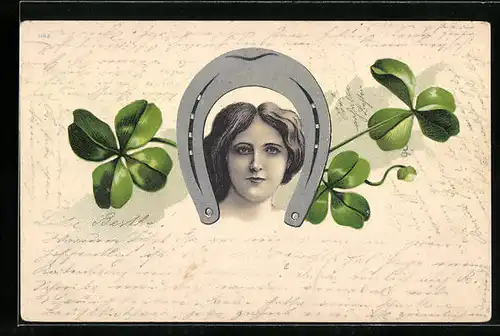 Lithographie Portrait einer jungen Dame unter einem Hufeisen, Jugendstil