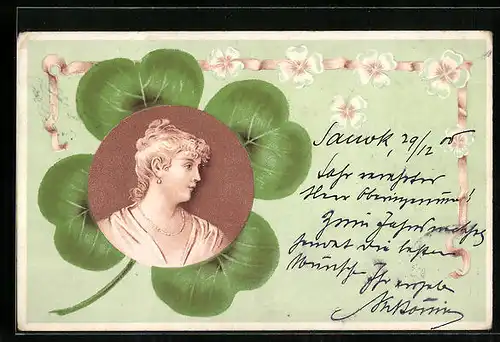 Lithographie Portrait einer jungen Dame auf einem vierblättrigem Kleeblatt, Jugendstil