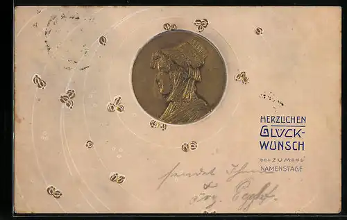 Präge-AK Junge Dame mit Haube auf einer Münze, Ornamente, Jugendstil