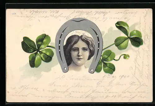 Lithographie Portrait einer jungen Dame unter einem Hufeisen, Kleeblätter, Jugendstil