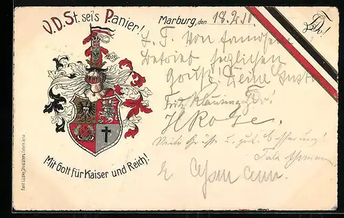 AK Marburg, V.D.St. seis Panier!, Studentenwappen mit Motto Mit Gott für Kaiser und Reich!, Banderole