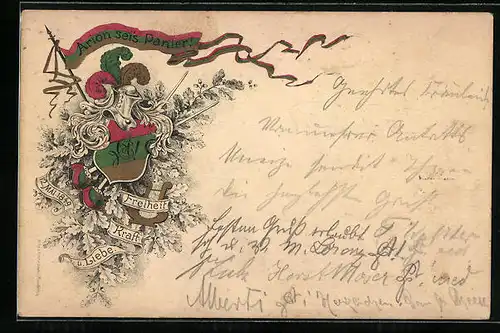 Lithographie Arion seis Panier!, Studentenwappen mit Datum 12. Mai 1849 in rot-grüm-gold
