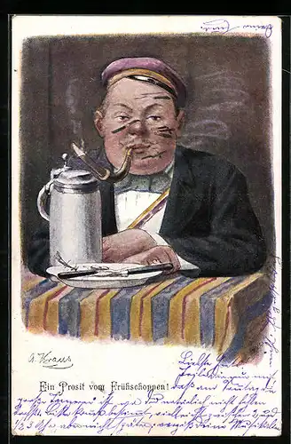 Lithographie Ein Prosit vom Frühschoppen!, Student mit Zigarre und Humpen