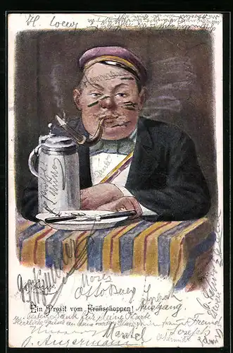Lithographie Ein Prosit vom Frühschoppen!, Student mit Tönnchen und Zigarre