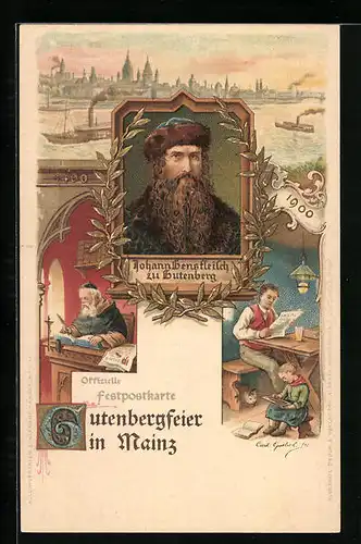 Lithographie Mainz, 500-jährige Gutenbergfeier 1900, Portrait Gutenberg, Schreiber, Mann liest Zeitung