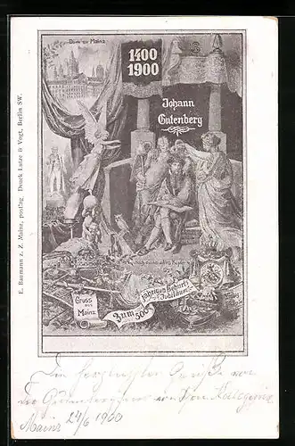 Lithographie Mainz, 500 Jahrfeier Gutenberg Geburtstag, Dom