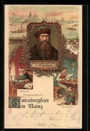 Lithographie Mainz, 500-jährige Gutenbergfeier 1900, Portrait Gutenberg, Schreiber, Mann liest Zeitung