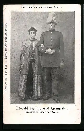 AK Riese Oswald Balling, mit seiner Gemahlin, das grösste Ehepaar der Welt, Der Goliath der deutschen Armee