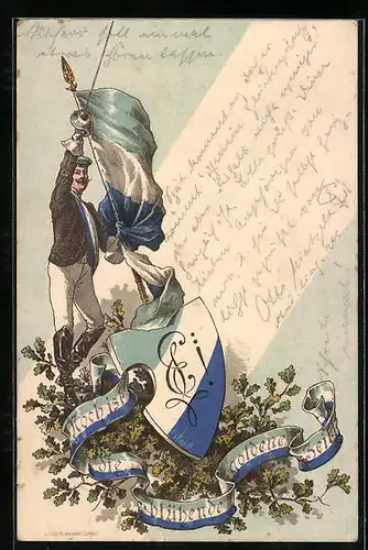 Lithographie Student mit Fahne, Hoch ist die blühende goldene Zeit, Studentenwappen