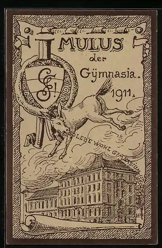 AK Mulus der Gymnasia 1911, Esel, Studentenwappen