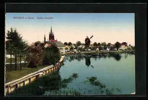 AK Werder a. Havel, Hafen-Ansicht mit Windmühle
