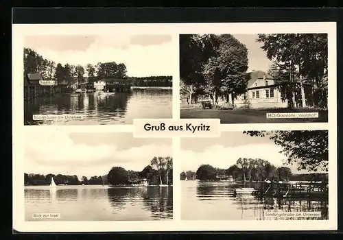 AK Kyritz, Blick zur Insel, HO-Gaststätte Waldhof und Untersee mit Bootshäusern