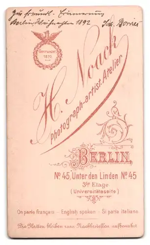 Fotografie H. Noack, Berlin, Herr Joh. Borner im Anzug mit prächtig gezwirbeltem Oberlippenbart, 1892