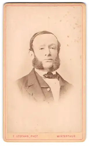 Fotografie F. Stephan, Winterthur, Herr im Anzug mit Fliege und Backenbart