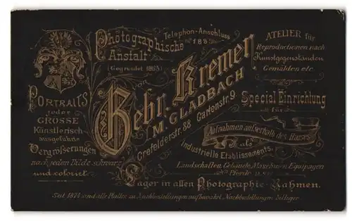 Fotografie Gebr. Krmer, Mönchen Gladbach, Crefelderstr. 88, Wappen und Anschrift des Fotografen mit Zusatzleitungen