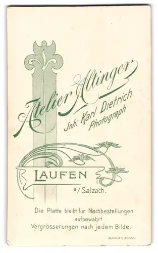 Fotografie Atelier Altinger, Laufen A. Salzach, florale Verzierung um die Anschrift des Fotografen