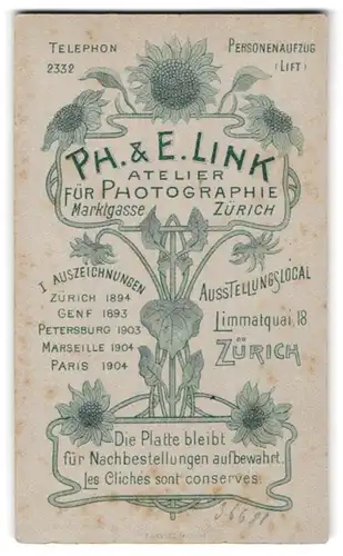 Fotografie Ph. & E. Link, Zürich, limmatquai 18, Sonnenblume als Umrandung um die Anschrift des Fotografen