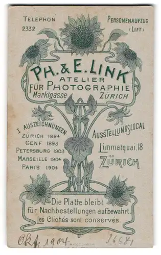 Fotografie Ph. & E. Link, Zürich, Limmatquai 18, blühende Sonneblumen als Umrandung der Fotografen Anschrift