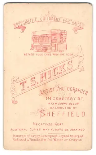 Fotografie T. S. Hicks, Sheffield, Strassenbahn und Fotografenanschrift, Nether Edge Cars