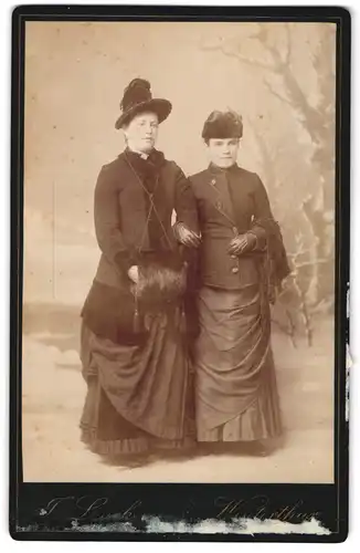 Fotografie F. Linck, Winterthur, zwei Damen in Winterkleidern mit Muff und Pelzhüten