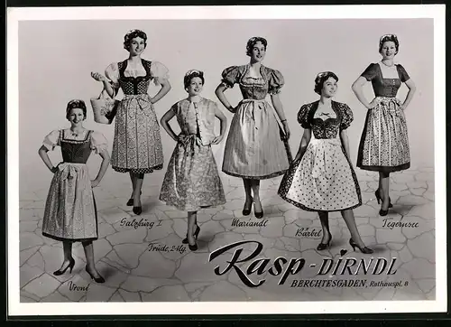 Fotografie Berchtesgaden, Reklame für Rasp-Dirndl, hübsche junge Frauen posieren in verschiedenen Dirndl