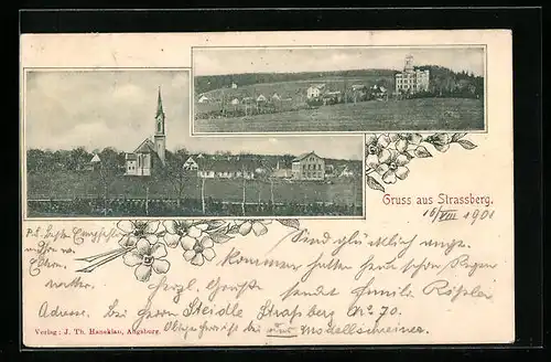 AK Strassberg, Ortsansicht, Panorama mit Kirche