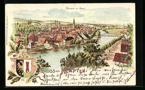 Lithographie Kempten, Ortsansicht von Osten, Wappen