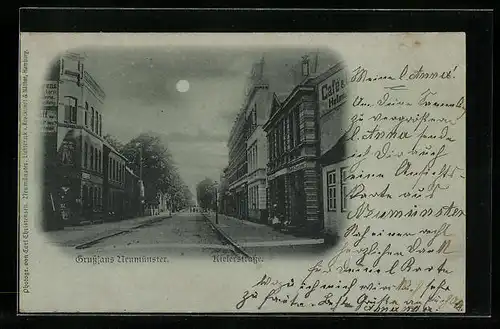 Mondschein-AK Neumünster, Partie in der Kielerstrasse, mit Cafe