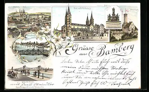 Lithographie Bamberg, Dom und alte Hofhaltung, Altenburg, Luitpold-Brücke
