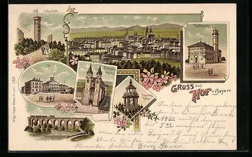 Lithographie Hof /Bayern, Ortsansicht, Unterholz-Brücke, Rathhaus