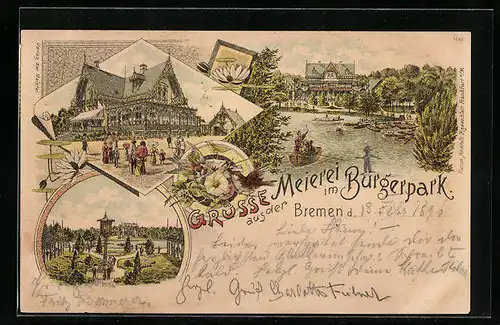 Lithographie Bremen, Gasthaus Meierei im Bürgerpark mit See und Garten
