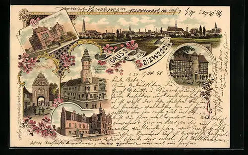 Lithographie Salzwedel, Panorama, Steinthor, Probsthey, Gymnasium