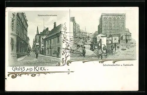 Lithographie Kiel, Schuhmacherstrasse, Schuhmacherthor und Fischmarkt