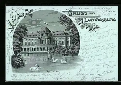 Mondschein-Lithographie Ludwigsburg, Monrepos mit Schwänen auf dem See
