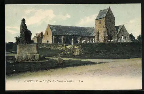 AK Greville, L`Eglise et la Statue de Millet