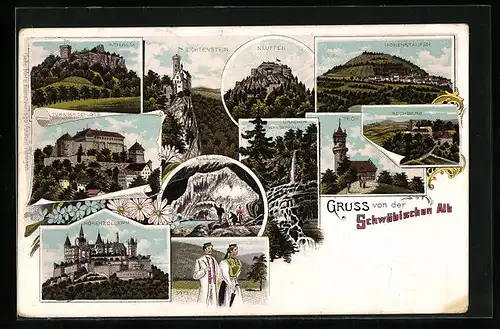 Lithographie Hohenstaufen, Rechberg, Neuffen, Lichtenstein, Schwäb. Trachten