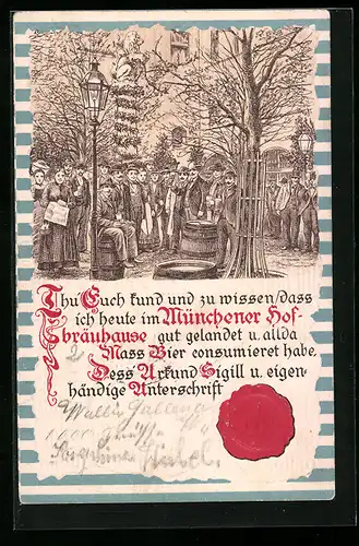 Präge-Lithographie München, Münchner Hofbräuhaus, Männer mit Bierkrügen im Hof