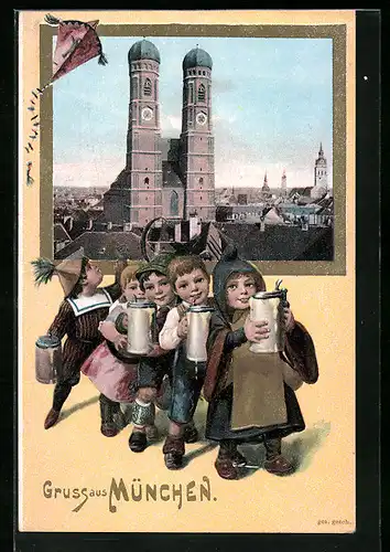 Präge-AK München, Frauenkirche, Münchner Kindl und Kinder mit Bierkrügen