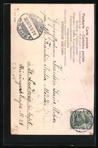 Präge-AK Kind mit Siegel auf einem Kuvert, Veilchen