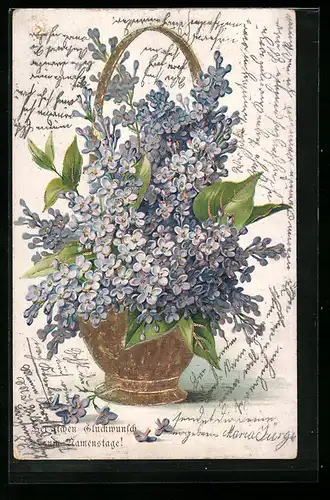 Präge-Künstler-AK Veilchen in einem Korb, Glückwunsch zum Namenstag