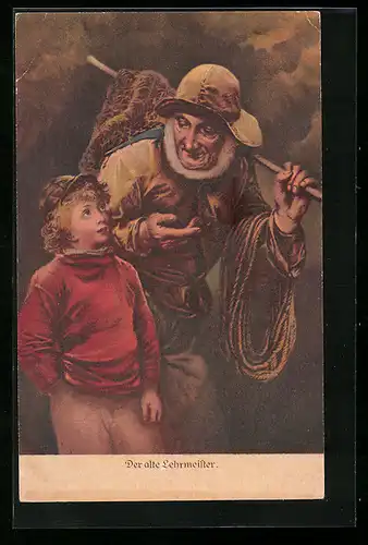 AK Älterer Fischer mit einem Jungen, Fischerei