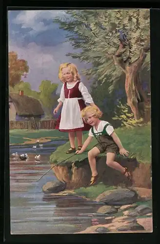 AK Kinderpaar beim Angeln am Ufer