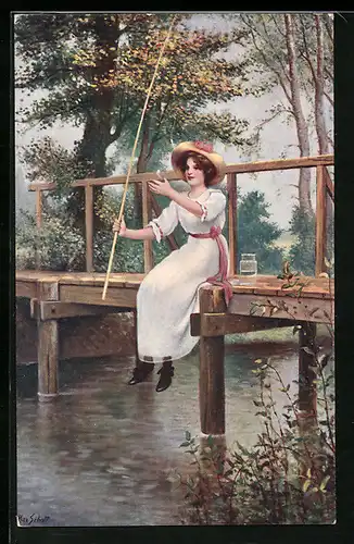 AK Junge Frau beim Angeln auf einem Steg
