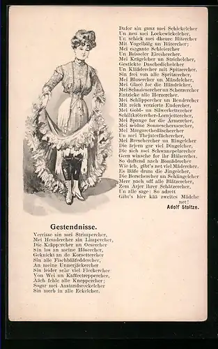 Künstler-AK Gedicht Gestendnisse von Adolf Stoltze, Dame hebt ihren Rock