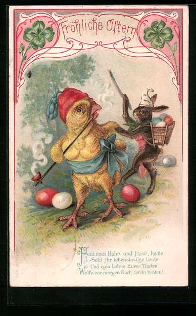 Präge-AK Ostergruss, Osterküken mit Pfeife und Osterhase mit Kiepe ...