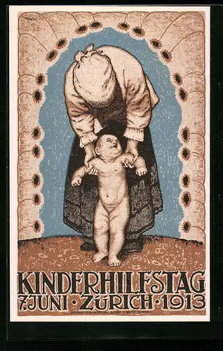 Künstler-AK Zürich, Mutter hilft dem Kind bei den ersten Schritten, Kinderhilfstag 1913, Kinderfürsorge