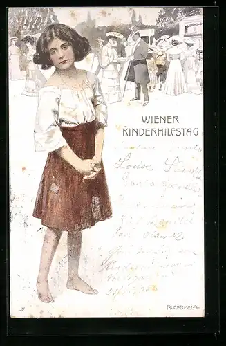 Künstler-AK Wiener Kinderhilfstag, Mädchen mit zerschlissenen Kleidern, Kinderfürsorge