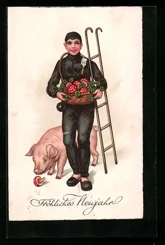 Künstler-AK Schornsteinfeger mit Pilzkorb und Schwein, Neujahrsgruss